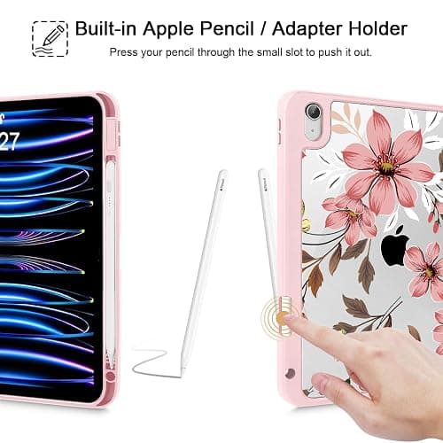 Mektron Case for iPad Air 11 inch (M3 2025 7th /M2 2024 6th), Compatible with iPad Air 10.9" (2022 5th Gen /2020 4th Gen), Buit in Pencil Holder with Shockproof Clear Shell, Floral C293 thumbnail 5