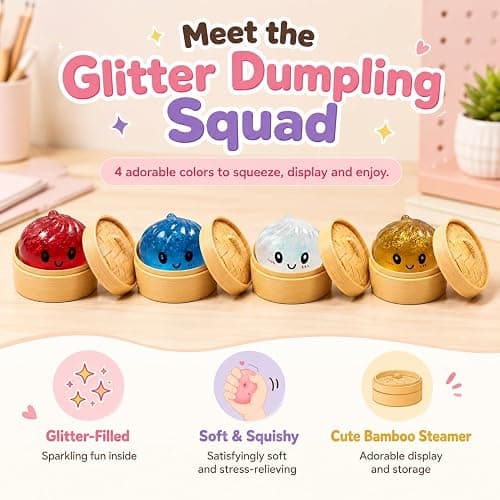 4Pcs Mini Glitter Dumpling Squishy, 2026 Upgrade Glitter Dumpling Squishy Mystery Box, Colorful Dumplings Stress Balls Fidget Sensory Toy, Stocking Stuffers with Food Steamer Stretchy Desk Toys thumbnail 4