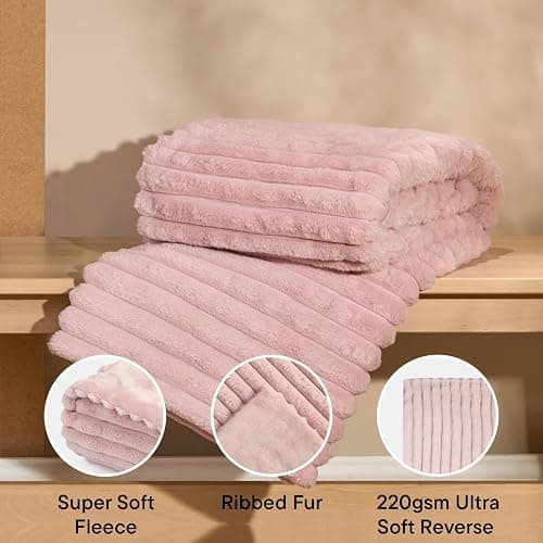 OHS Faux Fur Ribbed Pink Throw, Winter Warm Thick Blanket for Bed Sofas Fleece Throws for Home Decorative Comfy Super Soft Couch Cover Throw, 125 x 150cm - Blush thumbnail 3
