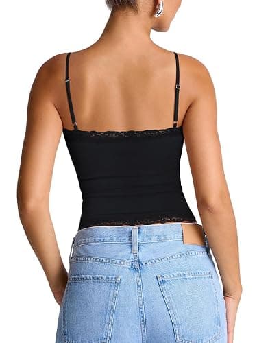 PINKMSTYLE Women's Sexy Square Neck Lace Cami Tank Tops Fitted Double Lined Sleeveless Crop Spaghetti Strap Summer Y2k Tops thumbnail 5