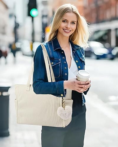 Makukke Cord Tote Bag Shopper Tasche Damen Umhängetasche Groß Handtasche Schultertaschen für Arbeit Büro Reisen Einkaufen Schule thumbnail 2