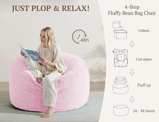 WSOFRLAC 3FT Bean Bag Chair, Comfy Bean Bag Chairs for Adults, Luxury Velvet Memory Foam Stuffed Beans Bags with Removable Cover, Adult Beanbag Chair with Filler for Living Room, Bedroom, Pink thumbnail 5