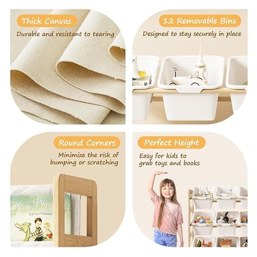 EXPERLAM Toy Storage Organizer with Bookshelf, Kids Toy Organizer and Storage Shelf with 12 White Bins, Solid Pine Wood Book Rack for Playroom, Nursery, Kids Room, Toys and Books thumbnail 5