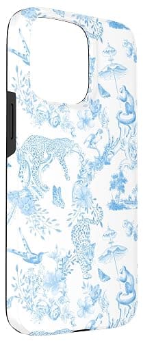 iPhone 15 Pro Max French Light Blue Toile Chinoiserie with Flowers, Leopards Case thumbnail 3