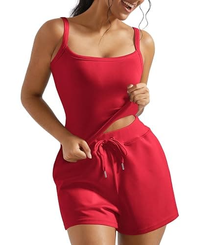 OMKAGI Women 2 Piece Outfits Sleeveless Tank Top Sweat Shorts Set with Pockets Vacation Sets thumbnail 2