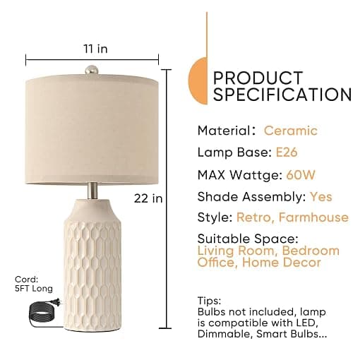 22IN Modern Ceramic Table Lamp Set of 2 White Lamps for Living Room Tall Bedroom Lamp Set Bedside Nightstand Lamps Set of Two Farmhouse Rustic Side Table Lamps for End Table Beige Desk Lamps thumbnail 4