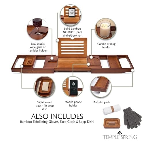 Temple Spring Wooden Bath Tray, Bath Shelf Bathroom Accessory, Home Spa Boards for Adults, Bathtub Caddy, Bamboo Bathroom Accessories Set, Extendable Bathtub Rack with iPad & Phone Holder -Wood Brown thumbnail 4