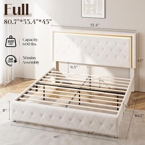 YUMPIE Full Bed Frame LED Lights Headboard, Velvet Upholstered, Cream | Adjustable Headboard built-in Chic Acrylic, Footboard, No Box Spring Needed, Solid Wood Slats, Noise-Free, Easy Assembly thumbnail 2