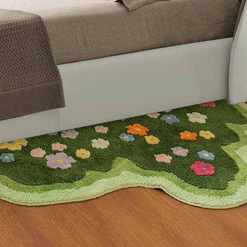 Floral Spring Moss Green Area Rug for Bedroom Living Room, Irregular Cute Non-Slip Bathroom Mat, Washable Aesthetic Accent Carpet for Women Dorm, Unique Floral Floor Rug for Boho Home Decor thumbnail 6