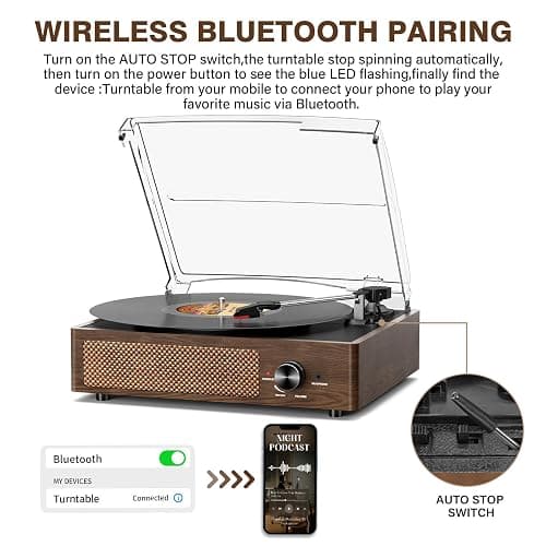 Bluetooth Vinyl Record Player,3-Speed Turntable with Stereo Speakers Vintage Phonograph Record Player, with RCA Line Out AUX in Headphone Jack Coffee Wood thumbnail 3