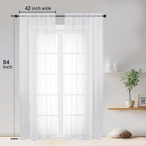OWENIE Sheer Curtains 84 inches Long 2 Panels Set for Living Room/Bedroom, Rod Pocket Voile Sheer Panel Drapes, White, 2pcs, Each 42" W x 84" L thumbnail 2