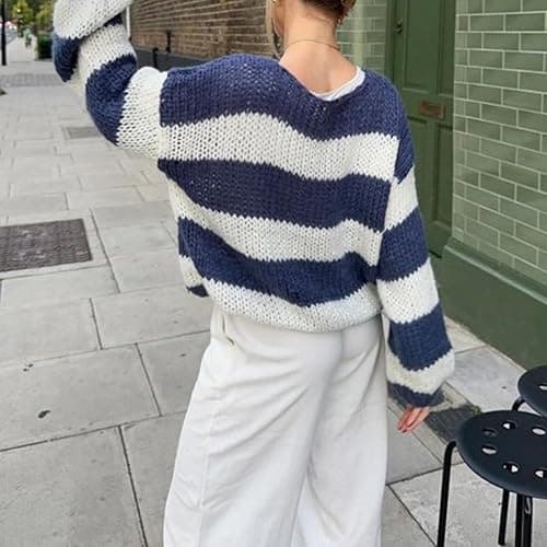 Women Color Block Striped Pullover Sweater Oversized Long Sleeve Crewneck Tops Fall Winter Warm Knitted Loose Outfit thumbnail 3