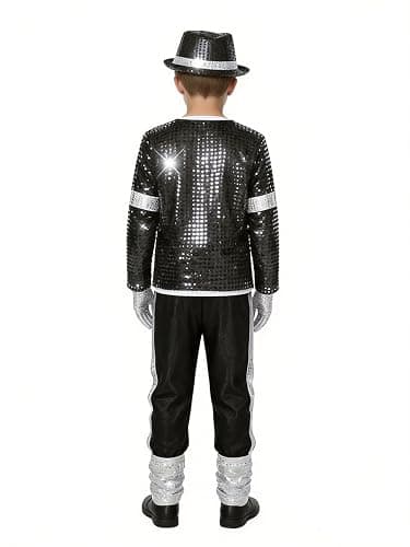 casapre 80s 90s Pop Star Halloween Costume Set, Black Sequin Jacket, Trousers, Hat, Gloves, Retro Stage Outfit, 7 Piece thumbnail 4