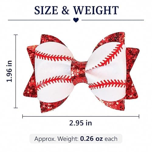 Danyarts 2PCS Baseball Hair Bow Clips for Girls, Game Day Baseball Bows | 2 red glitter baseball bow clips with alligator clips for girls, for game day, softball, team spirit and sports events. thumbnail 3