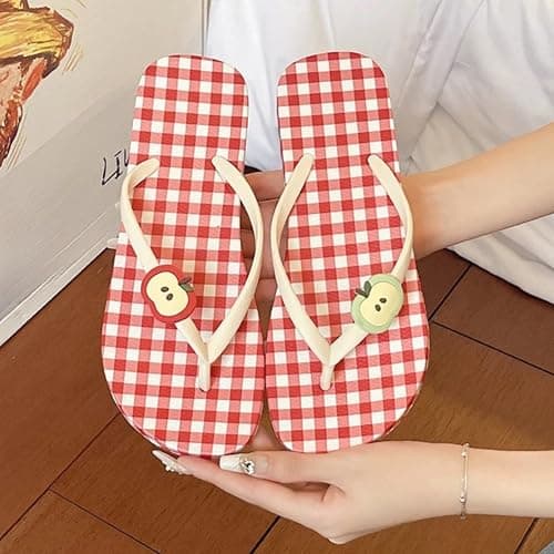 Umhje Whimsy Twee Plaid Flip Flops for Women Whimsical Funky Double Apple Slippers Y2K Kawaii Grunge Cozy Beach Shoes thumbnail 4