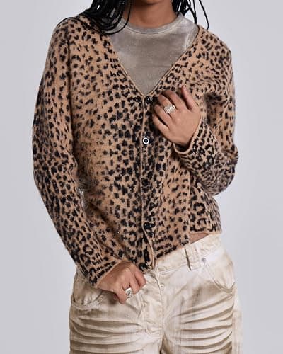 Women Leopard Print Long Sleeve V Neck Button Down Sweater Cardigan Casual Knit Lightweight Fall Winter Outwear Tops thumbnail 6