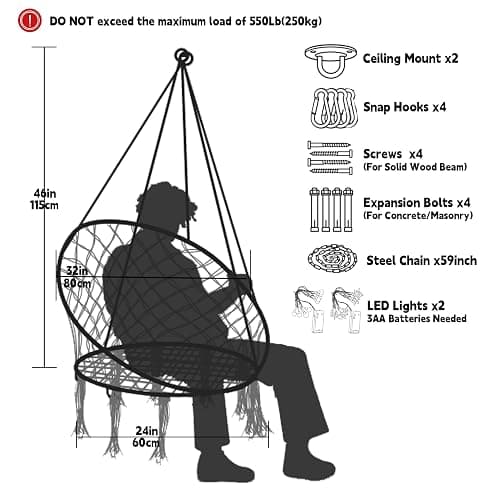 KASHAN Hanging Chair for Bedroom Hammock Chair Swing with Lights and Hardware Kits Holds up to 550Lbs Macrame Swing Chair Hanging Cotton Rope for Patio, Deck, Garden - Cushion Not Included thumbnail 2
