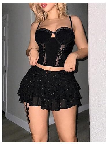 RoseSeek Women's Y2K Sequin Mesh Ruffle Layered Skirts Drop Waist Glitter Ruched Mini Skirt Concert Outfits thumbnail 5