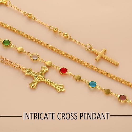 4PCS Layered Gold Cross Necklaces for Women Trendy, Bohemian Bead Pearl Y Long Pendant Necklace Set, Vintage Rosary Necklace Stack Adjustable Length thumbnail 7