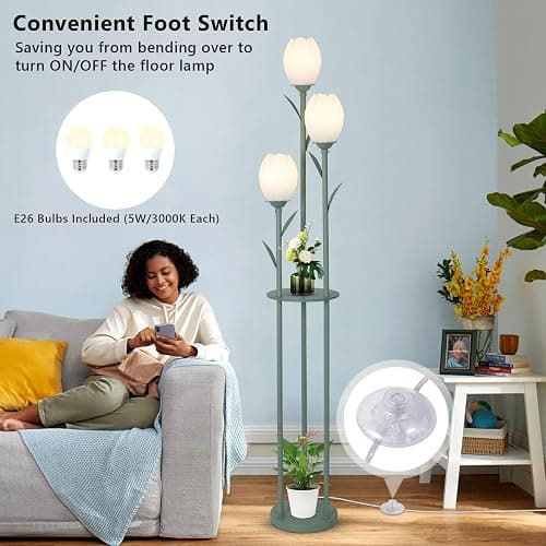 3-Light Flower Floor Lamps for Living Room, Green Floor Lamp with Shelves, Unique Tulip Standing Lamp with 3 LED Blubs, Cute Floral Tall Lamp, Modern Stand Up Light Decor for Bedroom, Kids Room thumbnail 4