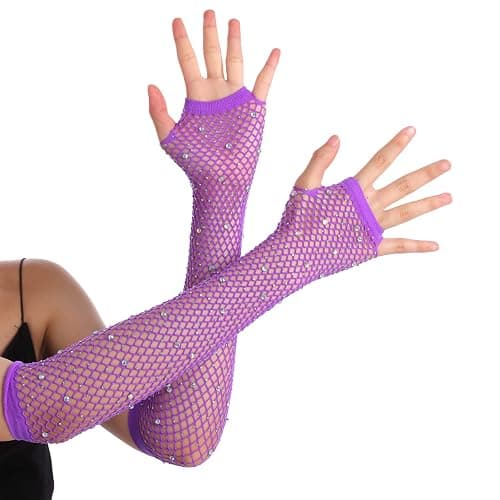 OTPEH Women Fishnet Rhinestone Gloves Fingerless Fish Net Arm Sleeve Warmers 80s Emo Scene Accessories thumbnail 2