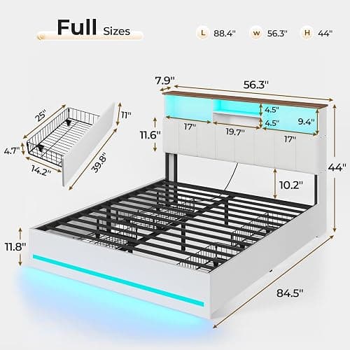 VIAGDO Full Size Bed Frame with Bookcase Headboard, Wooden Bed Frame Full Size with Charging Station, 4 Storage Drawers and LED Lights, with Type-C and USB, No Box Spring Needed, White thumbnail 2