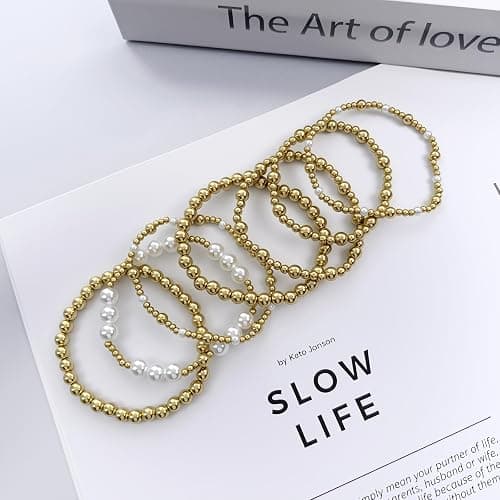 Gold Beaded Bracelets Set for Women Stretch Elastic Stackable Bracelets Dainty Round Bead Ball Pearl Cross Bracelet Stack Enewton Stretchable Bracelet Jewelry Christmas Mothers Day Gifts thumbnail 7