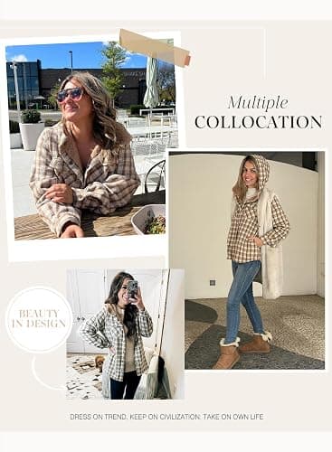 Dokotoo Womens Plaid Shacket Jacket Long Sleeve Button Down Fleece Hooded Jackets Warm Coat thumbnail 5