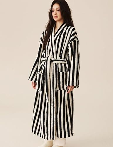 Arssm Womens Striped Fluffy Robe Long Plush Bathrobes Fuzzy Warm Cozy Thick Oversized Loungewear Maxi Robe - Image 1