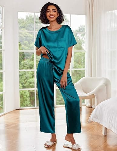 Ekouaer Womens Satin Silky Pajama Set Short Sleeve Shirt with Long Pajama Pant Set Soft PJ Loungewear thumbnail 6