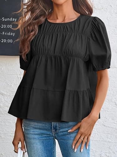 Tankaneo Womens Puff Sleeve Peplum Babydoll Tops Summer Smoked Pleated Cotton T-Shirts Casual Loose Fit Flowy Blouse thumbnail 5