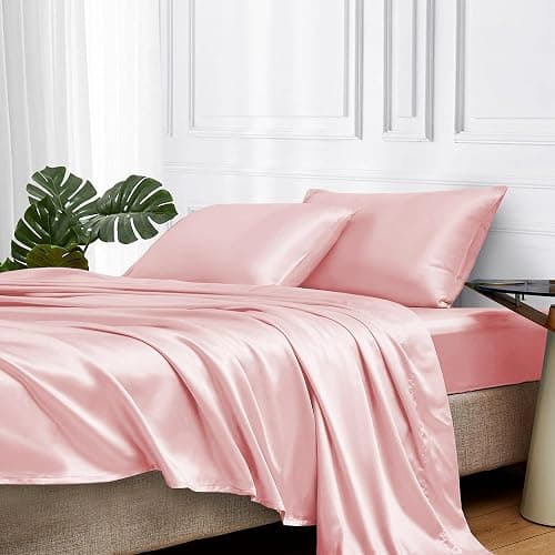 MR&HM Satin Bed Sheets, Full Size Sheets Set, 4 Pcs Silky Bedding Set with 15 Inches Deep Pocket for Mattress (Full, Light Pink) - Image 1