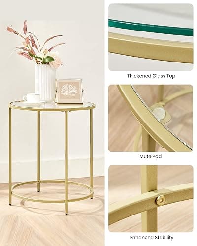 VASAGLE Round Side Table, Glass End Table with Metal Frame, Gold Coffee Table with Modern Style, for Living Room, Balcony, Bedroom, Gold Color thumbnail 9