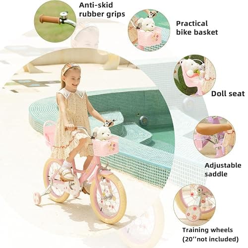 Bixike Girls Bike with Basket for Toddlers and Kids Aged 3-14, 12 14 16 18 Inch with Training Wheels, 20 Inch with Kickstand & Rear Rack, Princess Style Bicycle with Doll Seat & Daisy Prints for Gift thumbnail 3