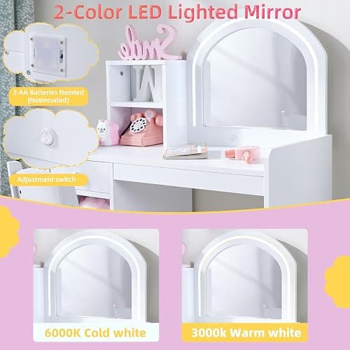 BXKX Kids Vanity with Lights, Vanity Set with Drawer and Storage Shelves, 2 in 1 Toddler Vanity with Lighted Mirror, Girls Vanity Set with Stool for Little Girls (White) thumbnail 4