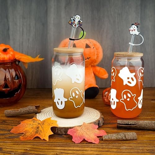 ANOTION Halloween Mugs - 18oz Halloween Ghost Decorations Glass Cups Tumbler for Iced Coffee, Glassware Cookie Jar Decor Gift Drinking Water Bottles thumbnail 7