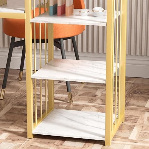 Zucebos Nail Desk with 3-Tier Shelves, Modern Manicure Table with Marble Top and Gold Frame, Nail Tech Desk for Beauty Salon Spa White thumbnail 6