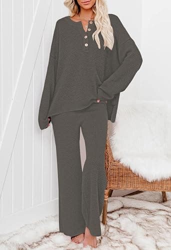 Viottiset Women's 2 Piece Outfits Sweatsuit Knit Long Sleeve Sweater Wide Leg Pants Loungewear thumbnail 4