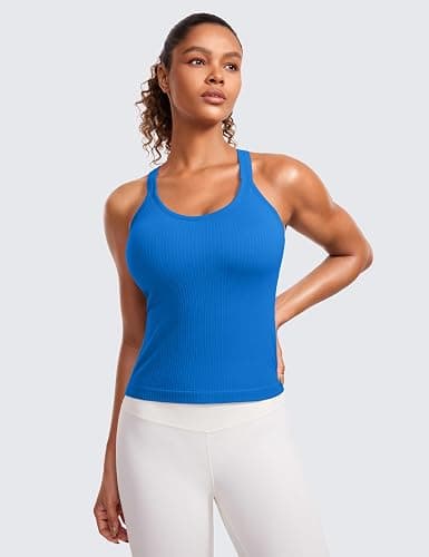 CRZ YOGA Seamless Ribbed Workout Tank Top for Women - Racerback Padded Scoop Neck Athletic Camisoles with Built in Bra thumbnail 2