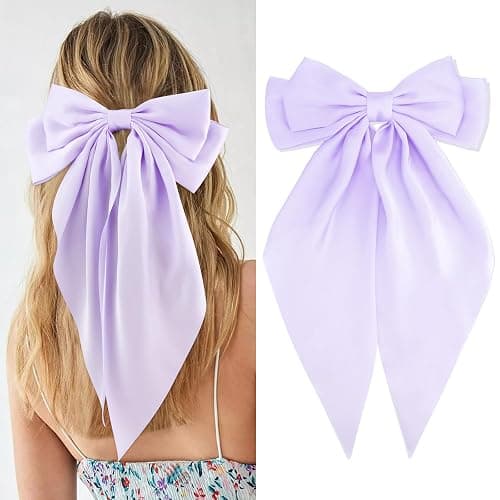Velscrun Hair Bows for Women Girls Purple Silky Satin Large Coquette Hair Bow Oversized Hair Ribbons Big Hair Bows Clip Long Tail Bowknot Hair Barrettes Halloween Christmas Hair Accessories - Image 1