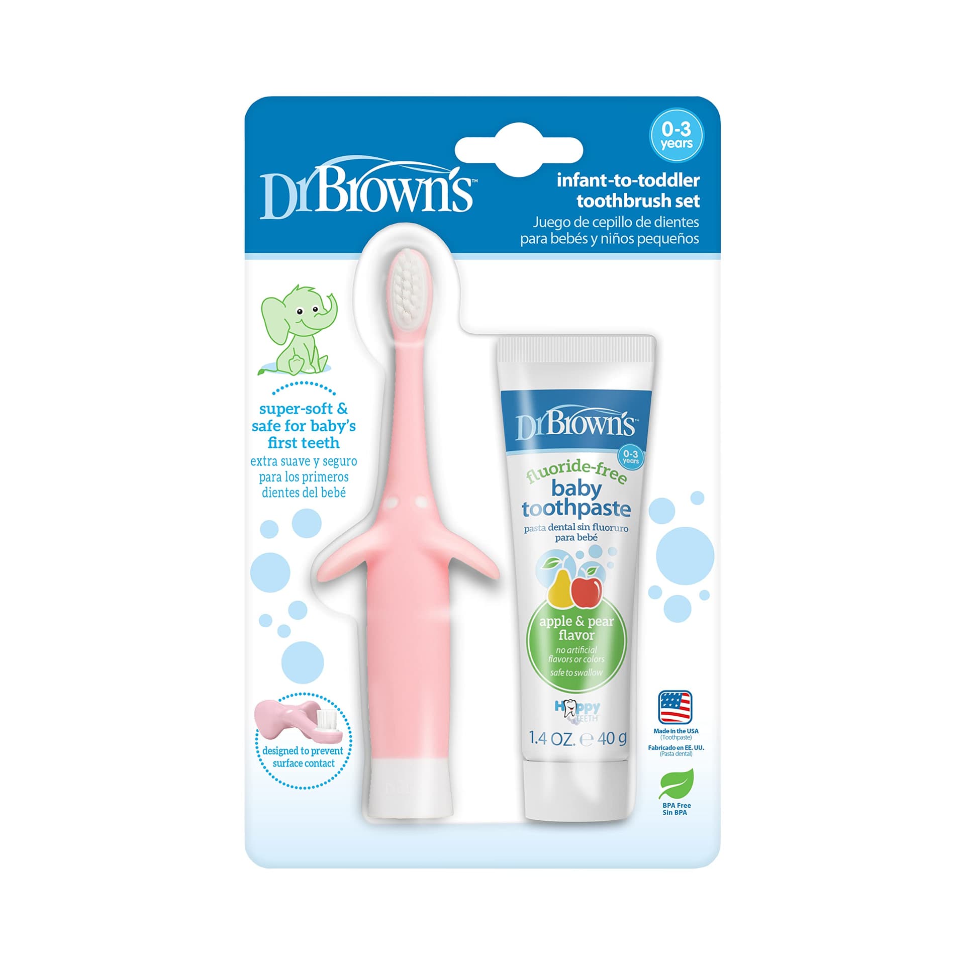 Dr. Brown’s Infant-to-Toddler Training Toothbrush Set, Pink Elephant with Fluoride-Free Apple Pear Baby Toothpaste, 0-3 years - Elephant, Pink Toothpaste Set - 2 Count (Pack of 1) thumbnail 7