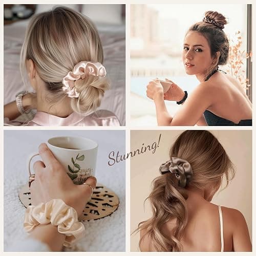 LULUSILK Silk Scrunchies for Hair Sleep, 100% Real Mulberry Silk, No Damage Hair Ties for Women and Girls, Black White and Lotus Pink, Pack of 3 thumbnail 6