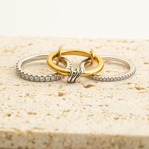 Bopiu Gold Stackable Rings for Women Non Tarnish, 18k Gold Plated Cubic Zirconia Rings, Silver Gold Multi Ring Mixed Metals Stack Rings Set thumbnail 5