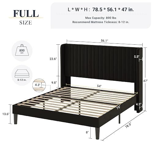 Allewie Full Size Velvet Bed Frame/Vertical Channel Tufted Wingback Headboard/Upholstered Platform Bed/Strong Wooden Slats/No Box Spring Needed/Easy Assembly/Black thumbnail 2