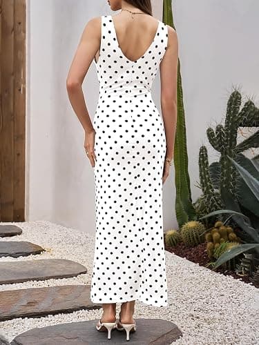 Wenrine Womens Summer Polka Dot Maxi Dress Mesh Wedding Guest Bodycon Sexy V Neck Sleeveless Party Dresses thumbnail 3