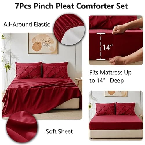 CozyLux King Size Comforter Set Dark Red, 7 Pieces Pintuck Bed in A Bag Red Comforter King Size, Pinch Pleat Bedding Set with All Season Comforter, Sheets, Pillowcases & Shams thumbnail 6