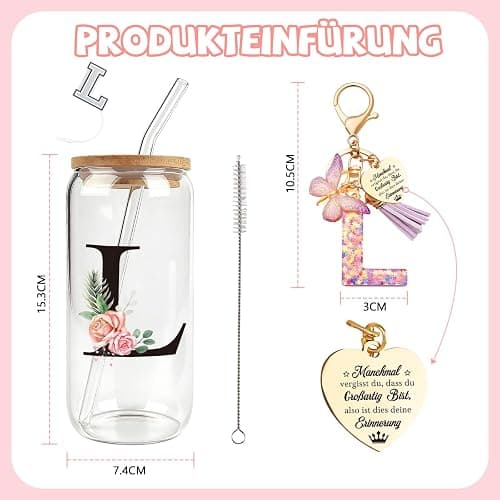 TUZELIYA M Personalisiert Personalisierte Geschenke mit Buchstaben – Glasbecher mit Deckel & Strohhalm + Schlüsselanhänger Buchstabe, Geschenk für Frauen & Mädchen, Geburtstag, Valentinstag thumbnail 3