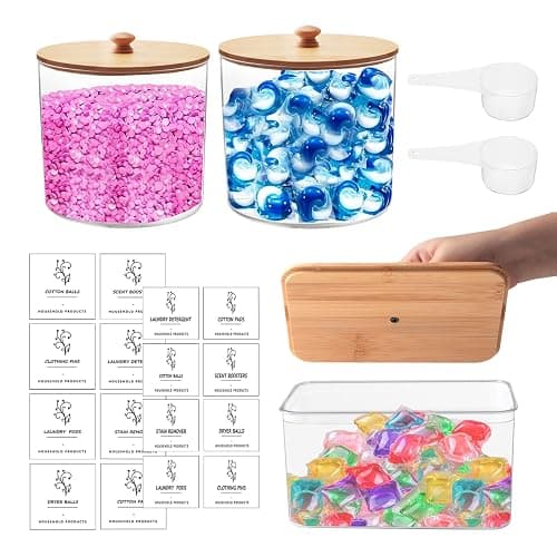 3 Stück Waschmittel Pods Aufbewahrung, Wäsche Pods Behälter mit Etiketten und Löffeln, Waschpulver Aufbewahrungsbox mit Deckel Waschküche Organizer für Pulver Perlen Duft-Booster Trockner Blatt thumbnail 9