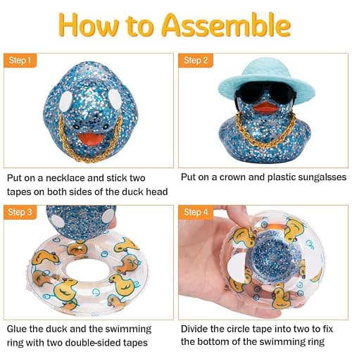 wonuu Shining Rubber Ducks with Plastic Sunglasses Swim Ring Necklace Hat, Glittering Cute Car Accessories Decor Dashboard Decorations Duck Pink Ducky, Straw-Blue Aa-black Glasses-straw-blue thumbnail 7