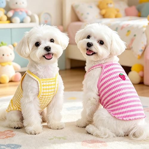UETZLTB 2 Pack Dog Shirts for Small Dogs Cute Girl Dog Clothes Strawberry Stripe & Polka Dot Puppy Tshirt Summer Sleeveless Pet Tank Top Breathable Doggy Outfits Cat Chihuahua Yorkie Shih Tzu Clothes thumbnail 3